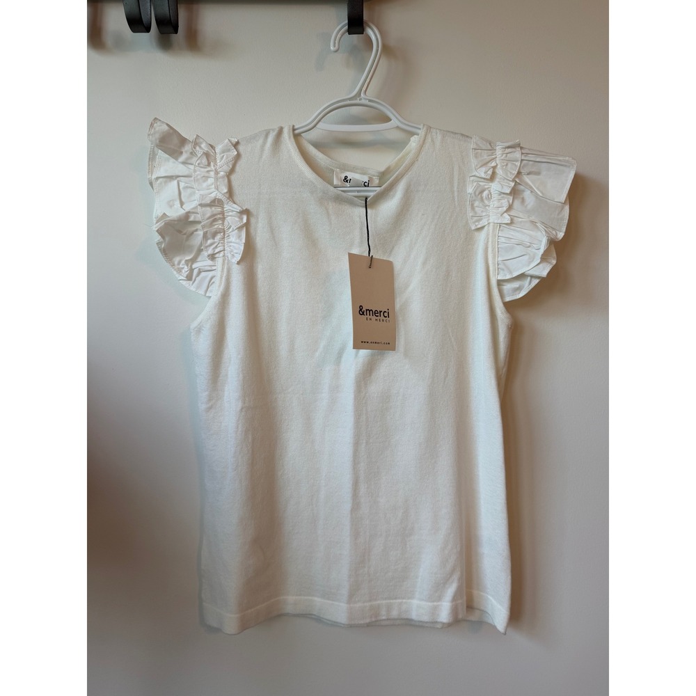 &merci White Knit Ruffle Cap Sleeve Top Round Neck Blouse Large NWT